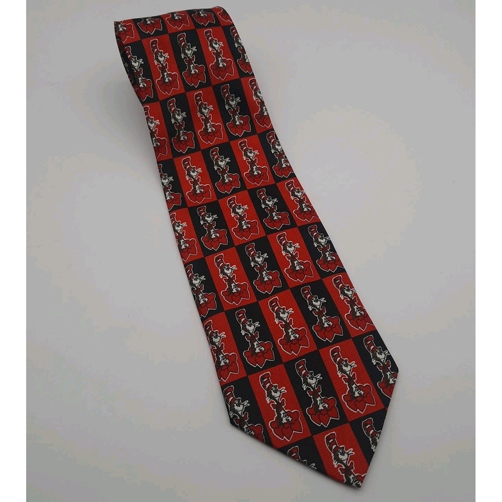 Cat in the Hat Dr Seuss Mens Neck Tie Red & Black Polyester Checkered Heart